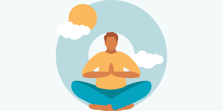 Illustration of person meditating with sun and clouds behind them.