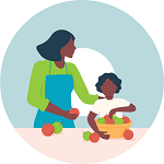 Illustration of woman cooking with child