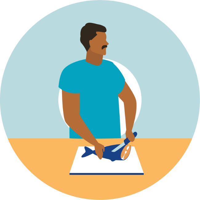 Illustration of man cutting fish