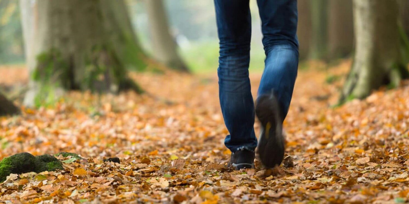 Man's feet walking through woods